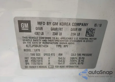 2018 Chevrolet Trax Lt из США, поврежденный, VIN KL7CJPSB4JB714234